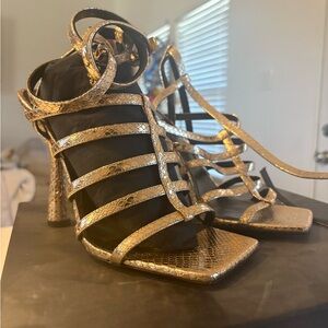 Versace Gold Snakeskin Strappy Heels | Versace Lycia metallic leather sandals